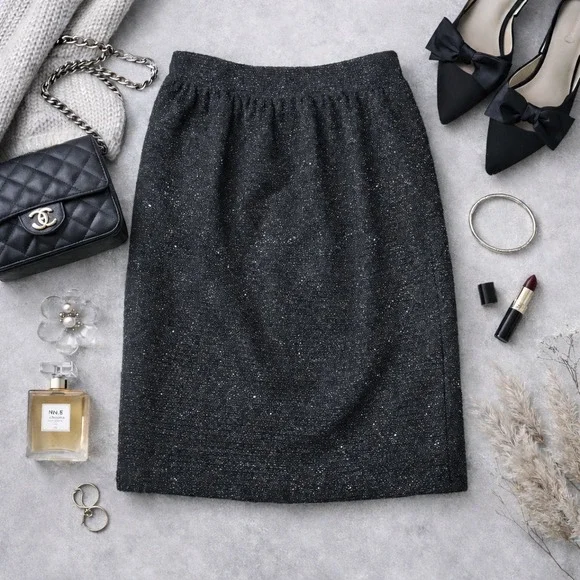 St John Collection Marie Gray Black Metallic Sparkle Knit Skirt Size 4 Vintage - Picture 1 of 6